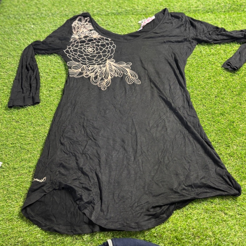 Smash Black Long Sleeve Floral Print Tunic Dress Top‎ Women's L